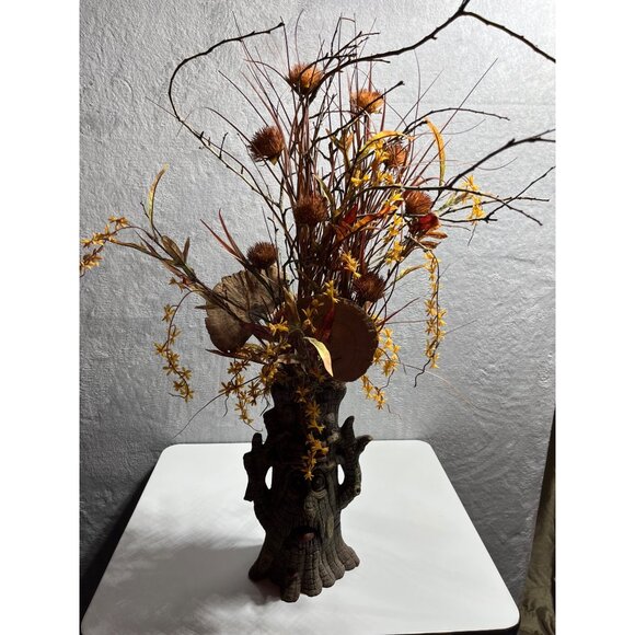 Halloween Scary Ceramic Tree Stump Face Vase Artificial Dried Flowers - Picture 2 of 12